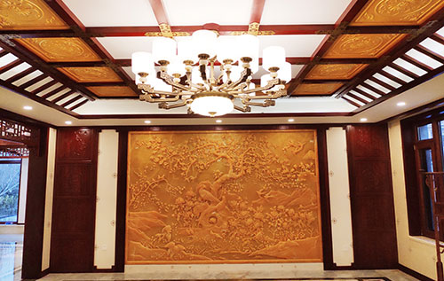 米林中式别墅客厅中式木作横梁吊顶装饰展示